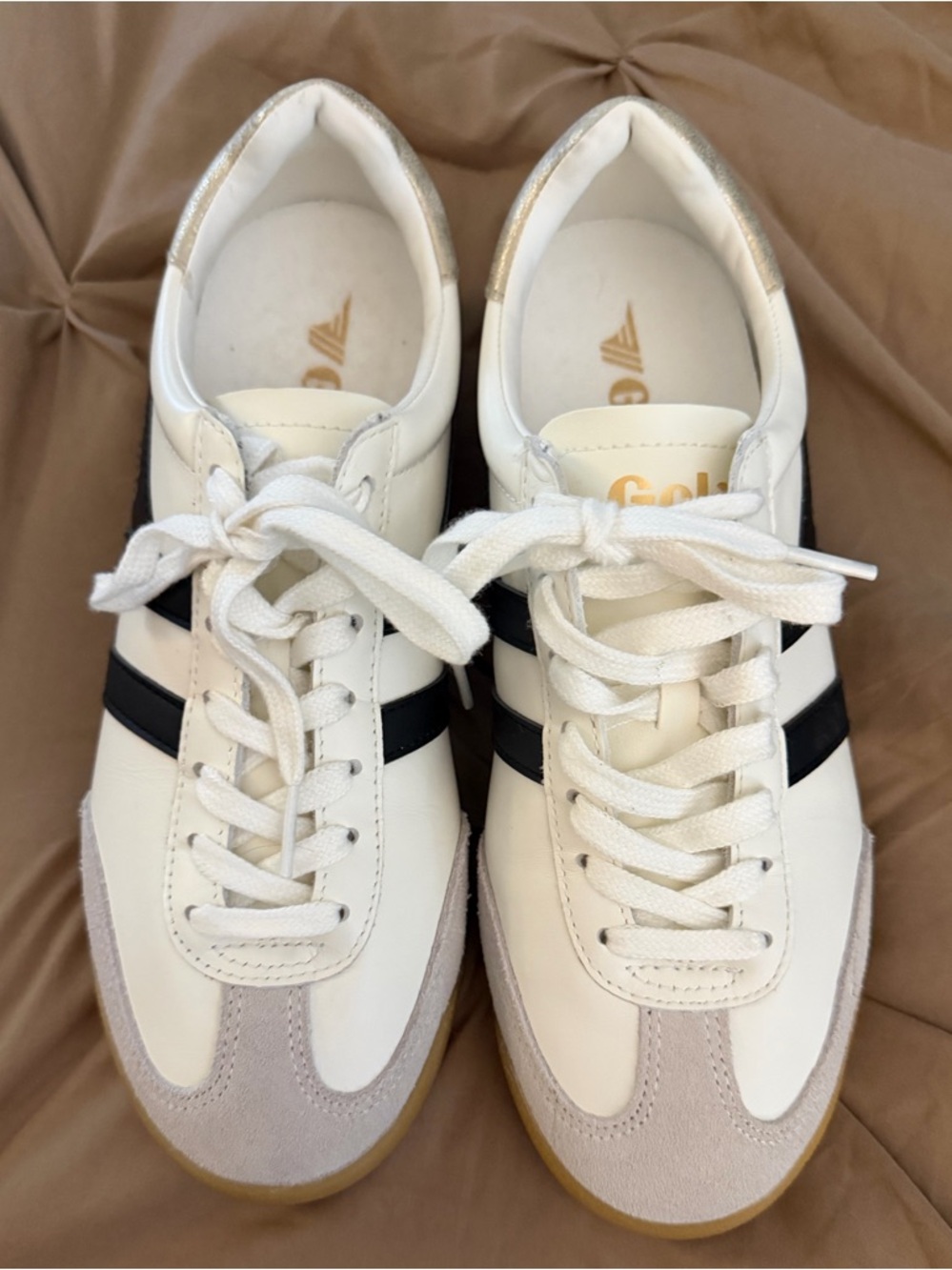 Gola White Sneakers with Black Side Stripes and Gum Sole